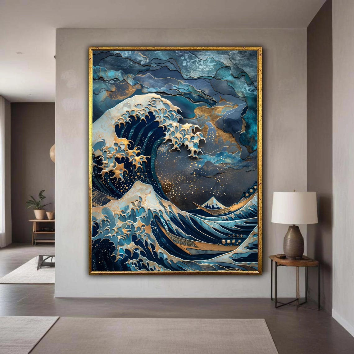 Great Wave Inspired Ocean Art Navy Gold Layered Paper Style Poster