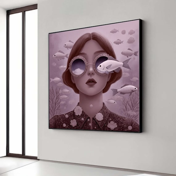Surreal Woman With Fish Art Portrait Rose Mauve Dreamy Fantasy Print