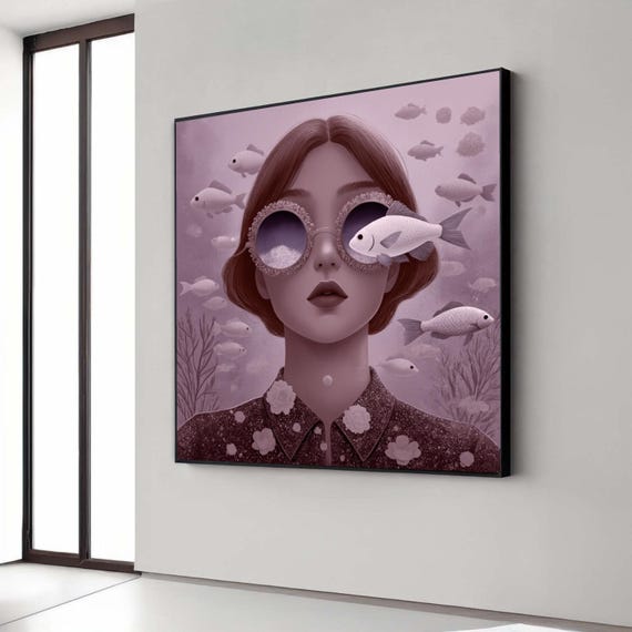 Surreal Woman With Fish Artistic Canvas Wall Art Modern Abstract Portrait Underwater Fantasy Scene Home Decoration Gift Decor