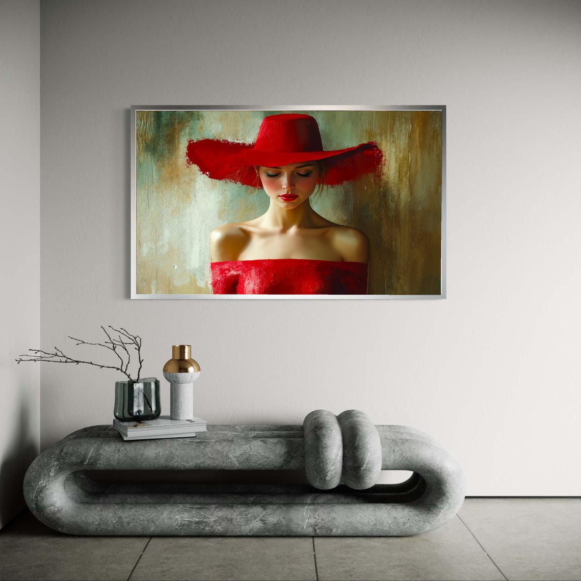 Woman In Red Dress Wide Brim Hat Romantic Painterly Art Poster