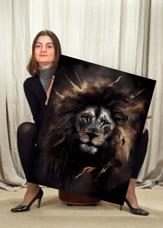 Powerful Lion Canvas Art Dynamic Animal Painting Fierce Wall Bold Wildlife Decor Ready To Hang Print