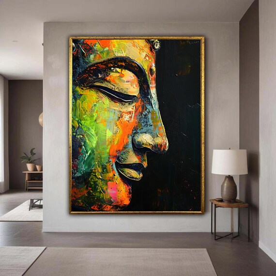 Abstract Buddha Face Canvas Print Vibrant Colors Impasto Style Art Modern Expressive Spiritual Wall Decor Close Up Profile Portrait