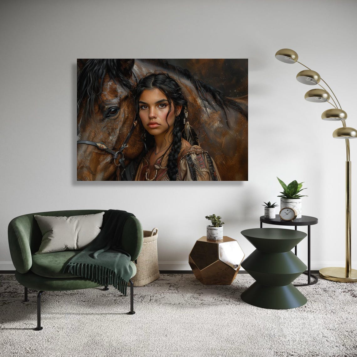 Boho Native Woman With Brown Horse Portrait Canvas Art Print