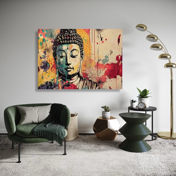 Modern Buddha Portrait Canvas Print Vibrant Pop Art Style Spiritual Decor Colorful Abstract Floral Wall Expressive Urban Zen Gift