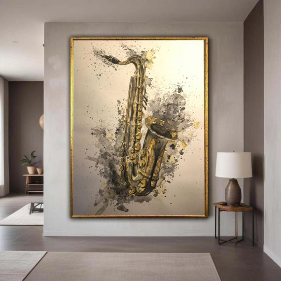 Vintage Saxophone Watercolor Canvas Jazz Music Instrument Art Abstract Wall Decor Artistic Print Ready Gift Home