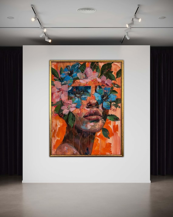 Floral Abstract Woman Canvas Art Vibrant Flower Portrait Modern Wall Decor Bold Artistic Painting For Home Colorful
