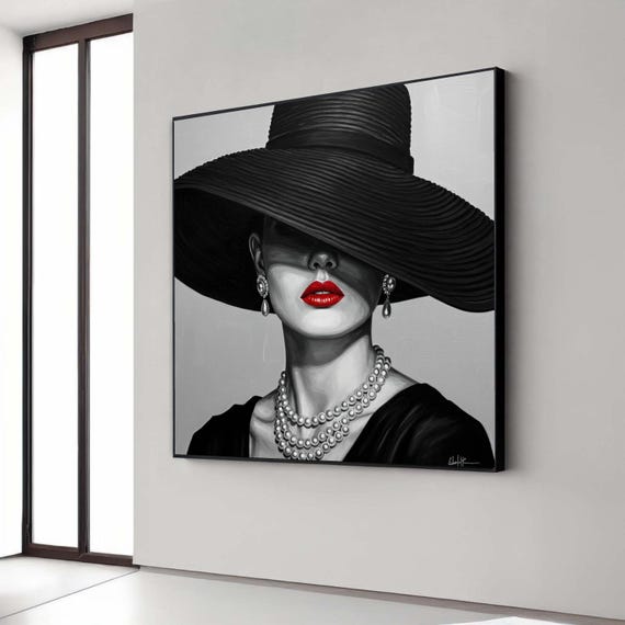 Elegant Woman In Black Hat Canvas Red Lips Portrait Wall Art Glamour Fashion Modern Home Decoration Stylish Gift Decor