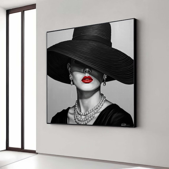 Woman in Black Hat Red Lips Black and White Fashion Art Poster