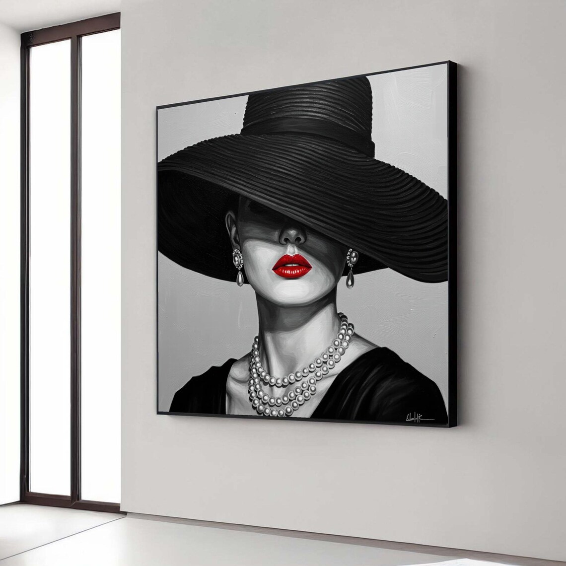 Woman in Black Hat Red Lips Black and White Fashion Art Poster