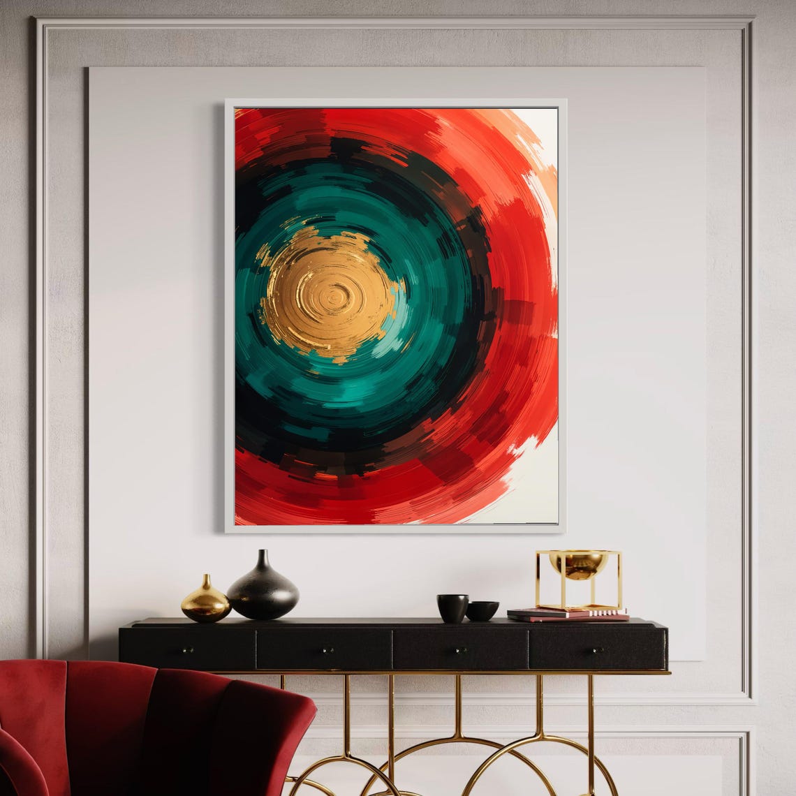 Abstract Concentric Circle Swirl Teal Red Gold Modern Art Poster