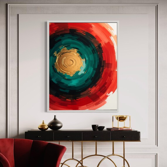 Abstract Swirl Canvas Art Modern Brushstroke Print Red Teal Gold Circular Wall Decor Contemporary Painting Style Unique Home Office Gift