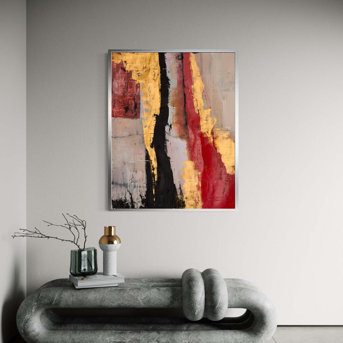 Abstract Red Gold and Black Vertical Brushstroke Modern Art Poster