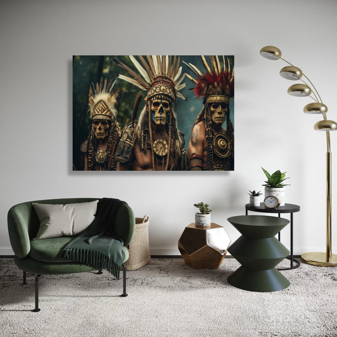 Ancient Tribal Warriors Canvas Wall Art Native Skull Masks Ethnic Headdress Decor Mystical Warrior Portrait Gift Home