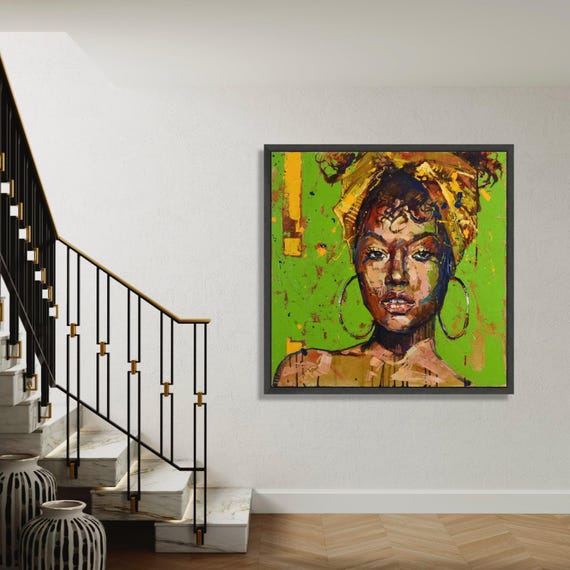 Bold African Woman Portrait Canvas Vibrant Green Background Headwrap Wall Art Abstract Face Painting Modern Gift Home Decor
