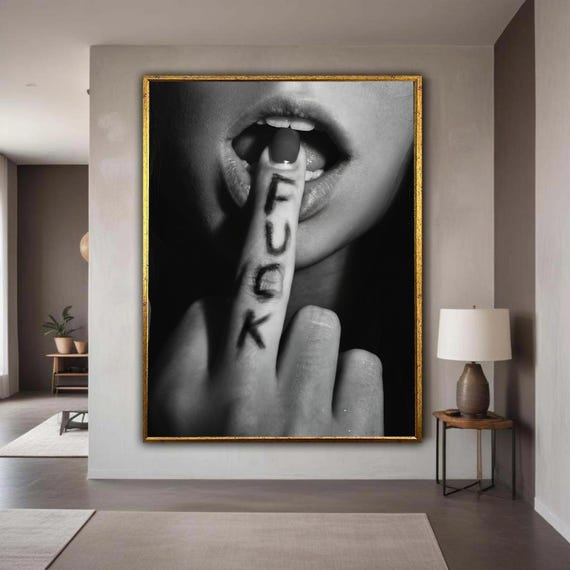 Bold Statement Black And White Canvas Finger With Inscription Wall Art Edgy Home Decor Modern Minimalist Gift