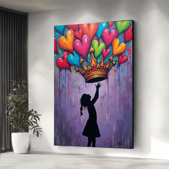 Whimsical Girl Canvas Art With Heart Crown Kids Room Wall Decor Ready To Hang Silhouette Artwork For Nursery