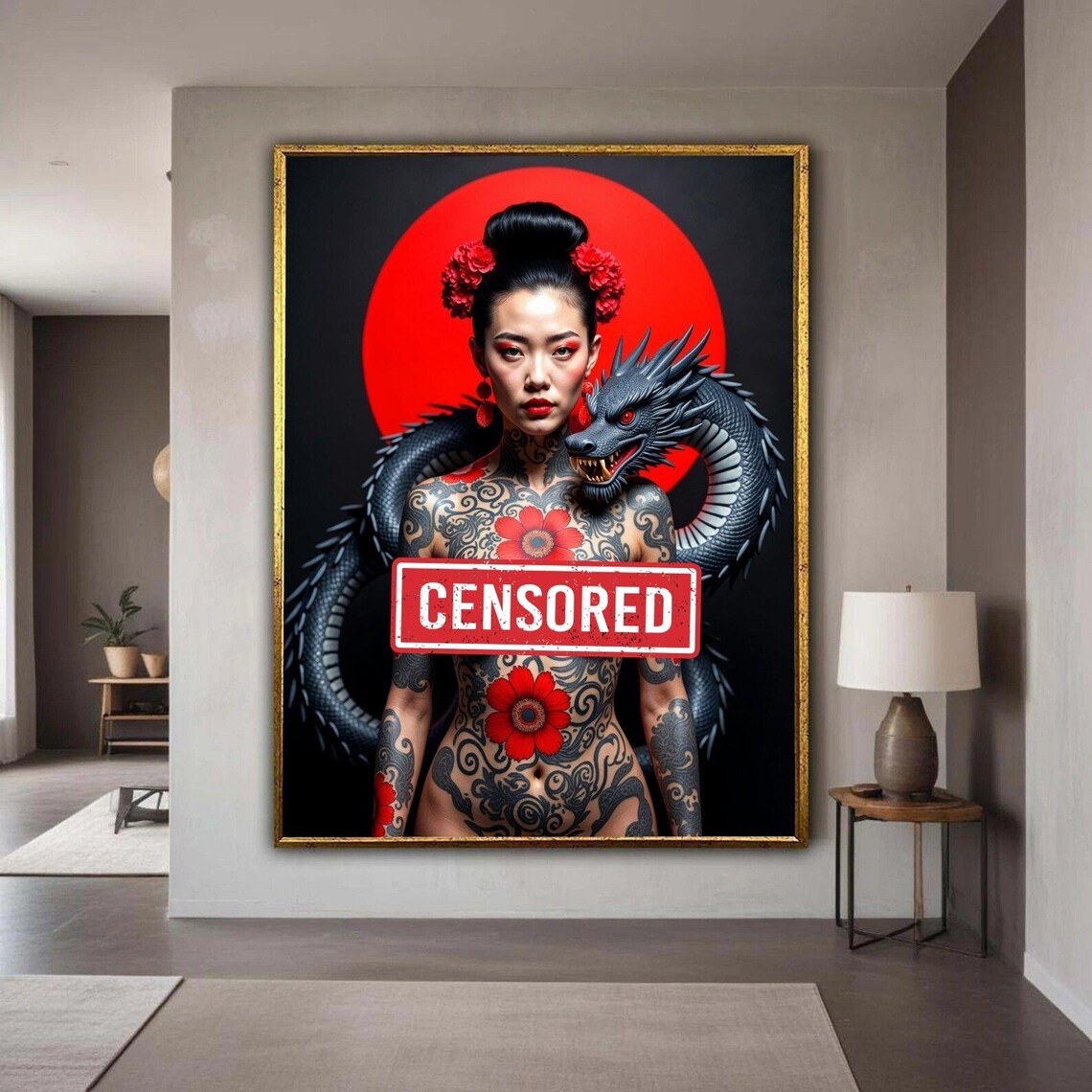 Tattooed Geisha Black Dragon Red Sun Japanese Fantasy Art Wall Print