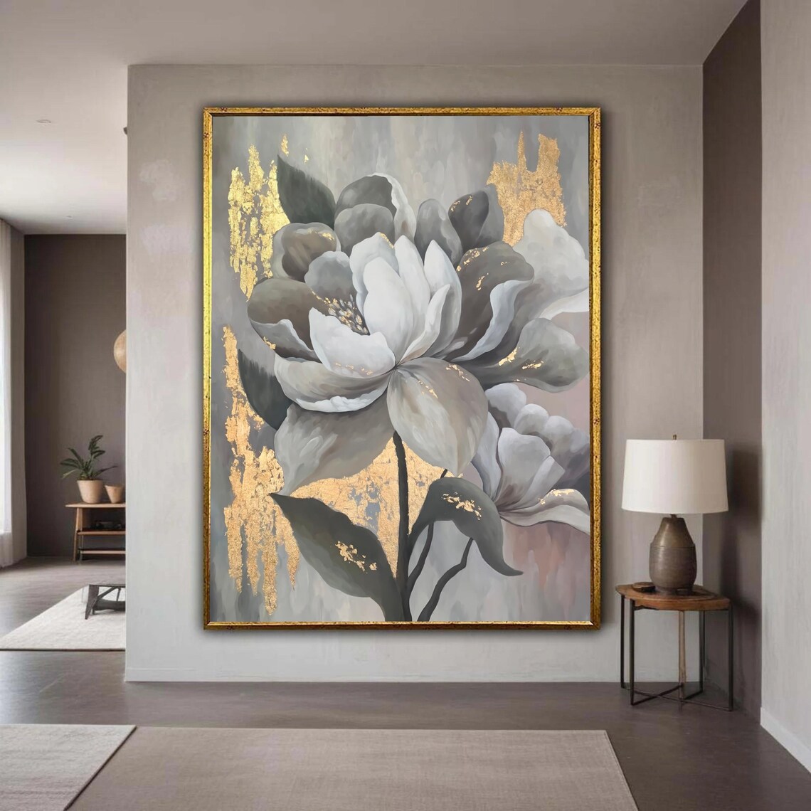 White Grey Floral Gold Leaf Elegant Botanical Painting Poster