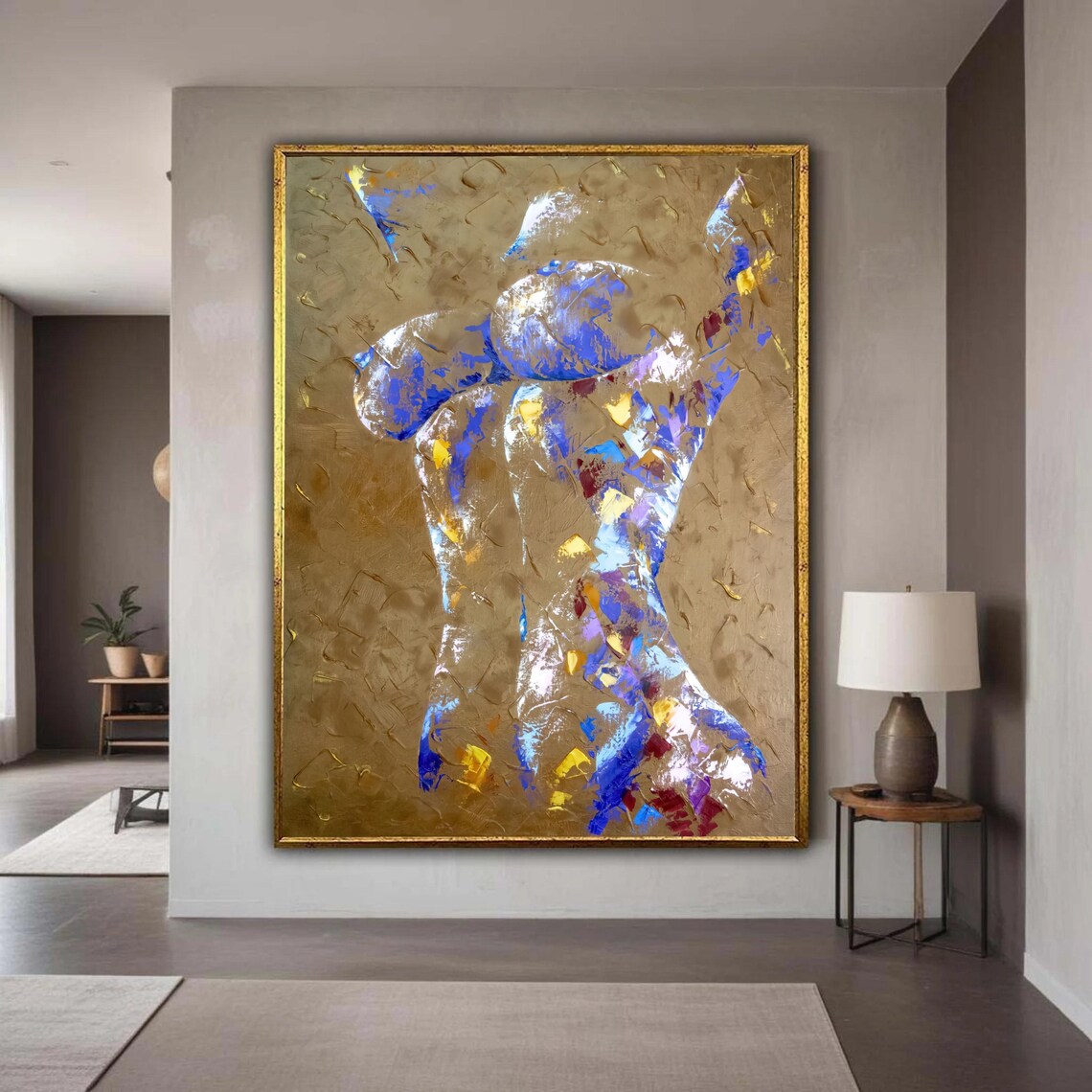 Golden Blue Abstract Nude Figure Painting Modern Contemporary Art Poster