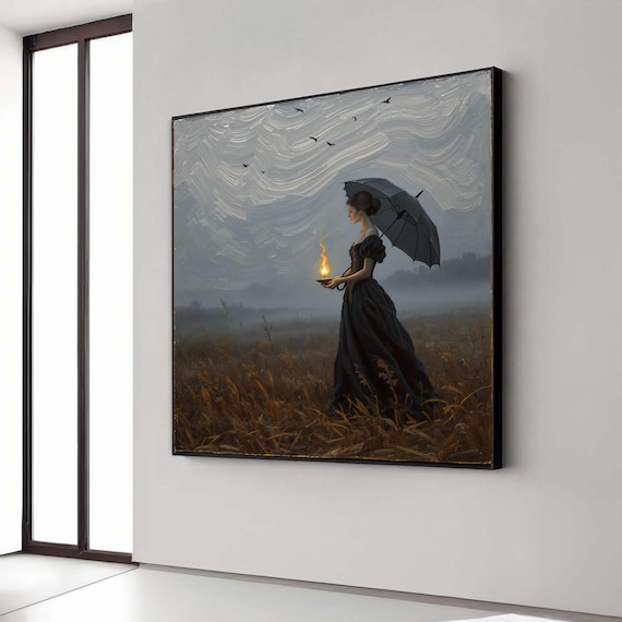 Mysterious Woman With Candle Flame Dark Dress Canvas Umbrella Silhouette Wall Art Moody Landscape Painting Twilight Gift Home Decor