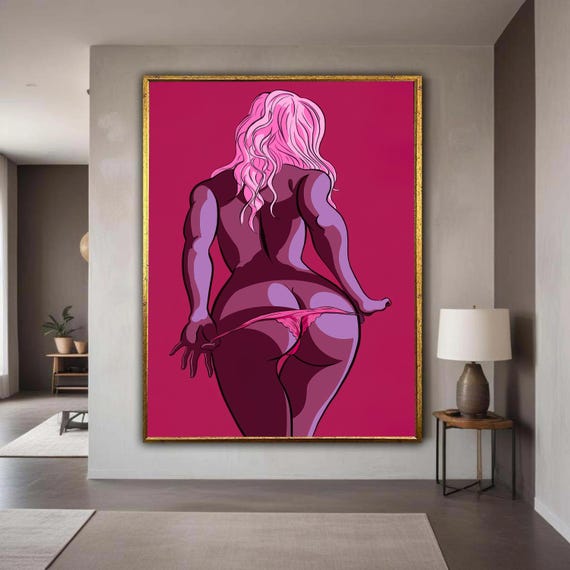 Modern Erotic Art Canvas Pink Hair Woman Back View Sensual Nude Figure Bold Color Pop Wall Decor Contemporary Gift Home