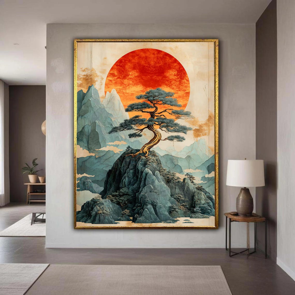 Majestic Pine Tree Rocky Mountain Red Sun Japanese Style Art Poster