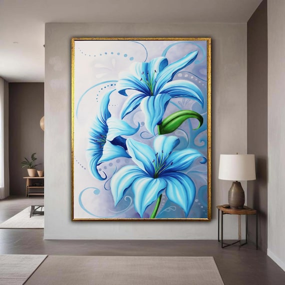 Blue Lily Flowers Elegant Modern Botanical Floral Canvas Artwork Poster