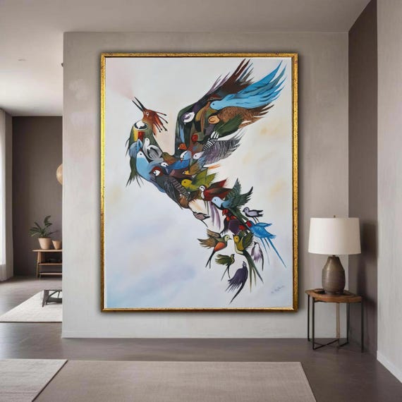 Surreal Bird Formation Canvas Salvador Dali Inspired Wall Art Colorful Flying Birds Artwork Abstract Nature Gift Home Decor