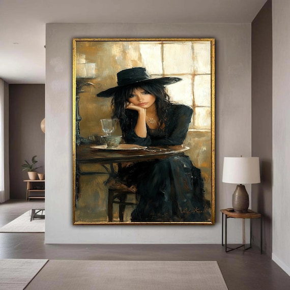 Woman in Black Hat Vintage Cafe Oil Painting Elegant Lady Poster