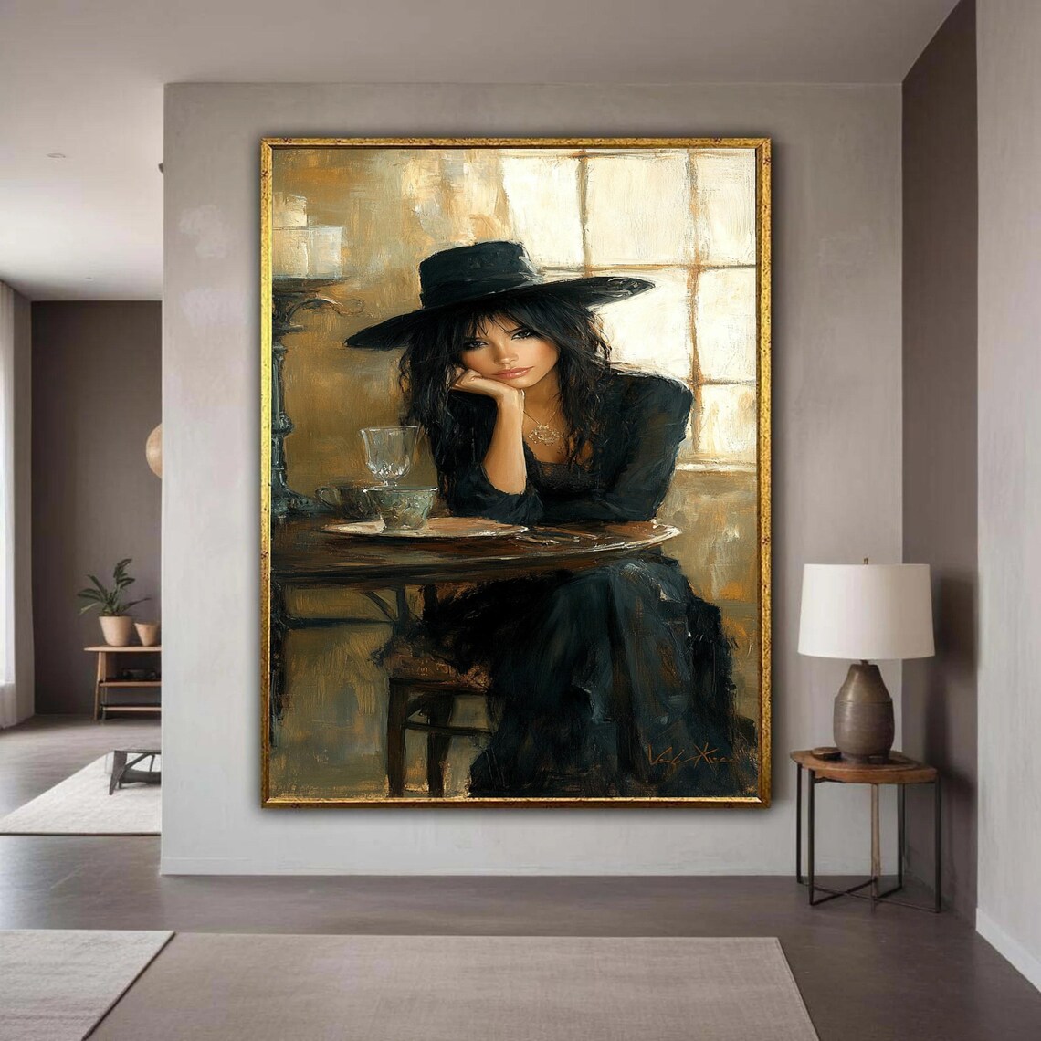 Woman in Black Hat Vintage Cafe Oil Painting Elegant Lady Poster