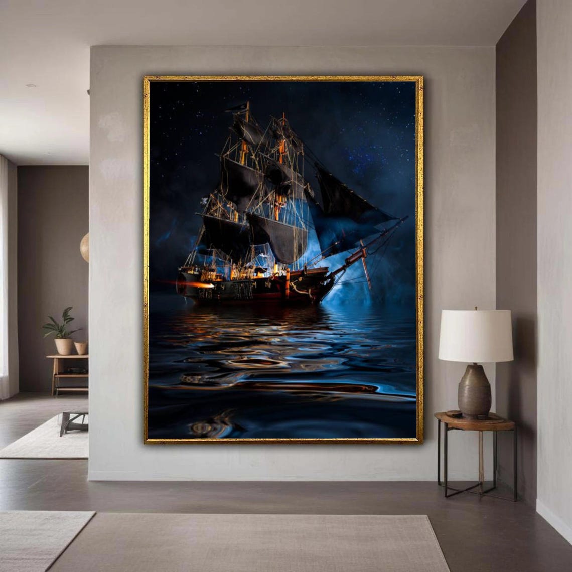 Moonlit Pirate Ship Black Sails on Night Sea Dramatic Canvas Poster