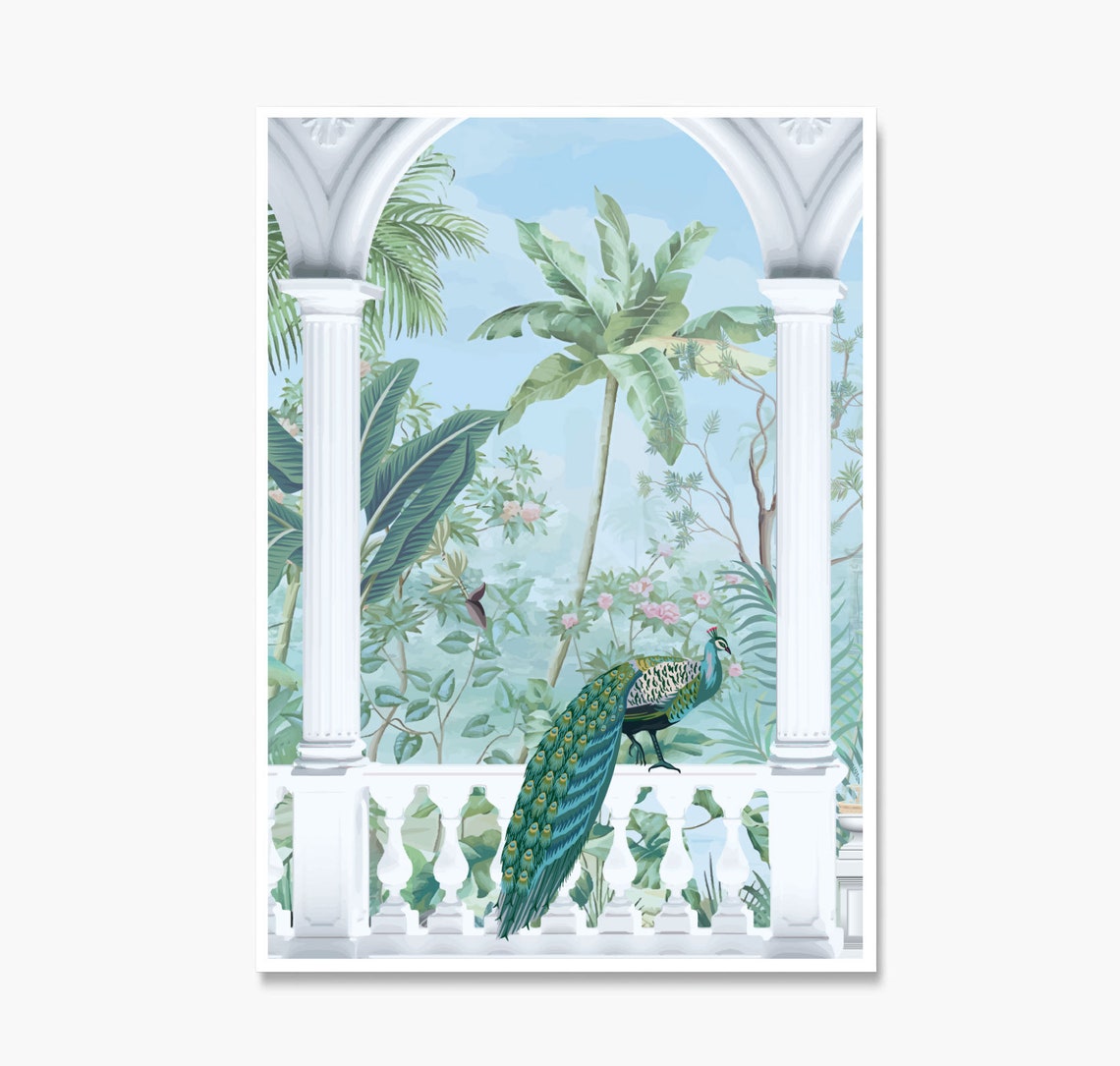 Peacock Perched on White Palace Balustrade Tropical Garden Poster - Image 3