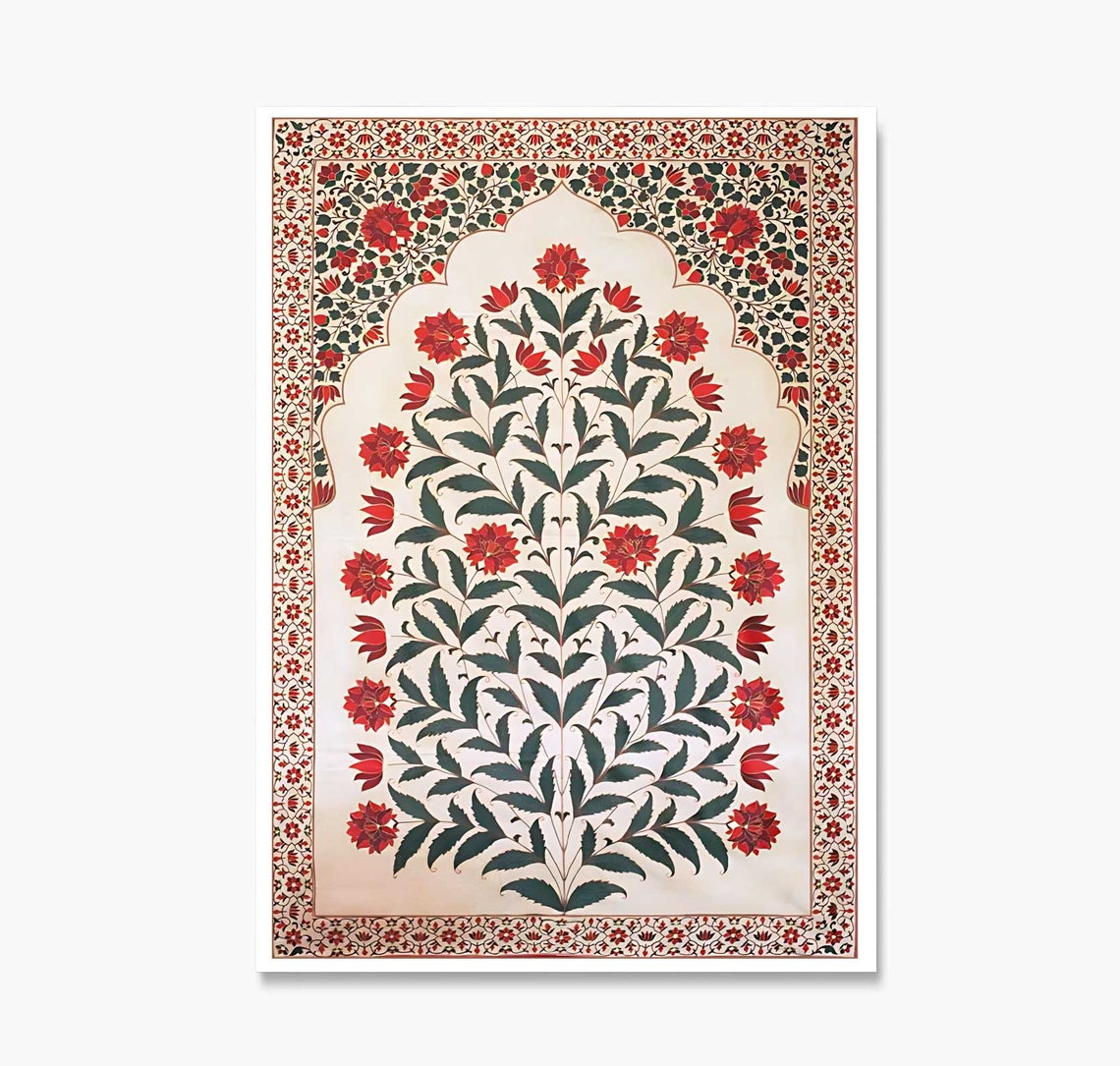 Traditional Indian Mughal Floral Jaal Red and Green Folk Art Poster - Image 4