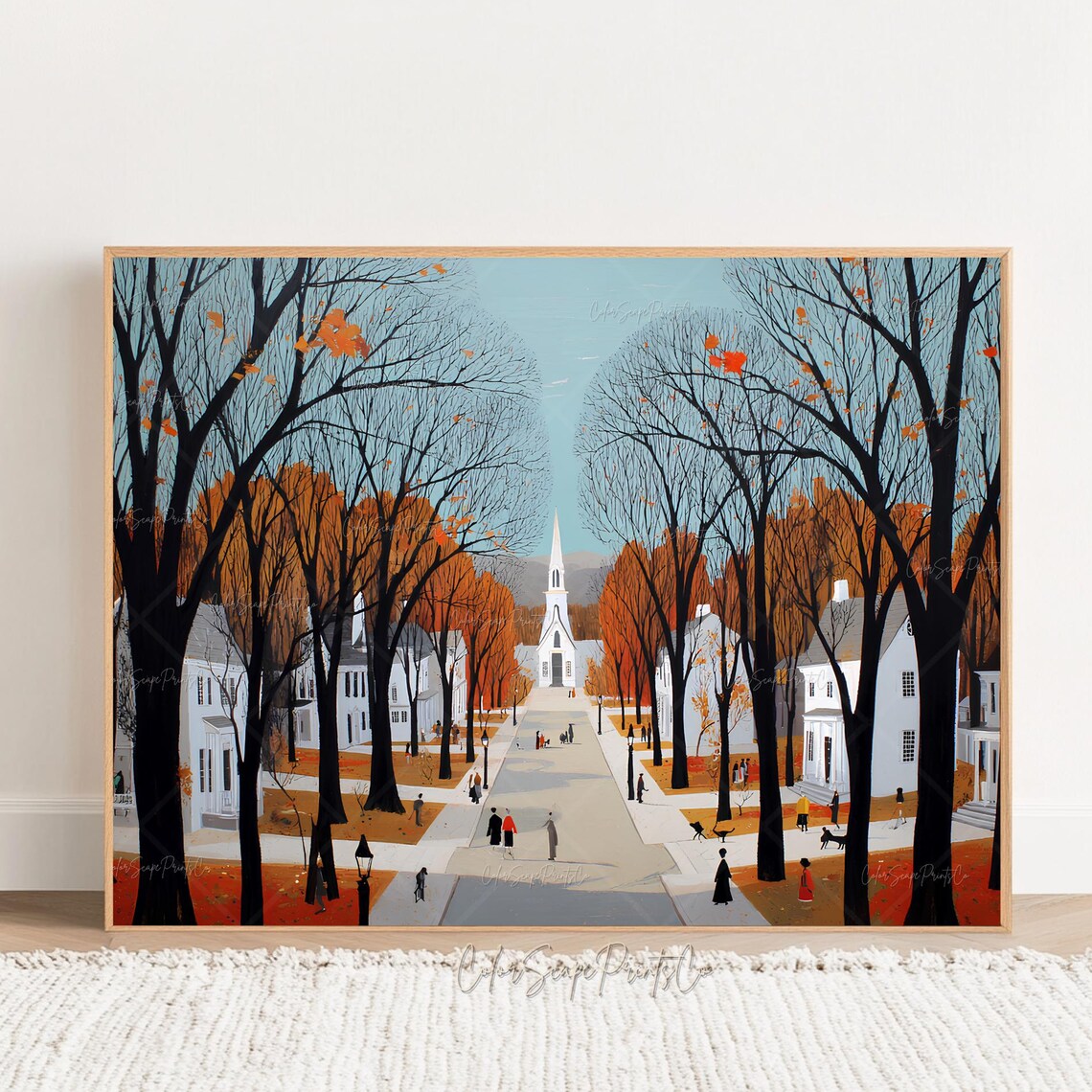 Golden Autumn Tree Lined Avenue Leading To A Village Church Poster