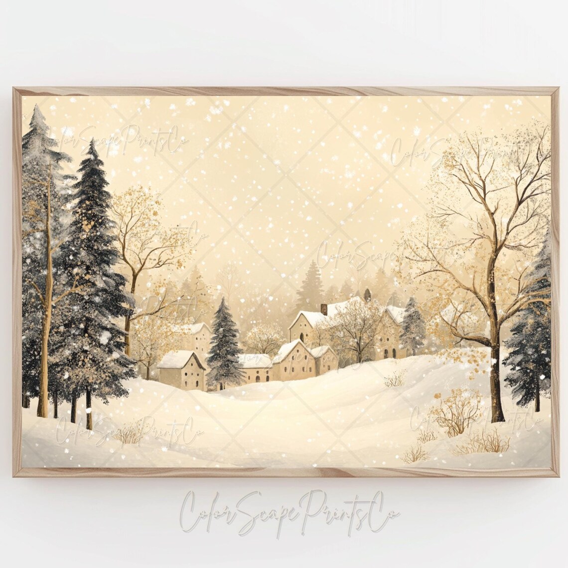 Cozy Snowy Village Winter Landscape Painting Poster in Soft Neutrals