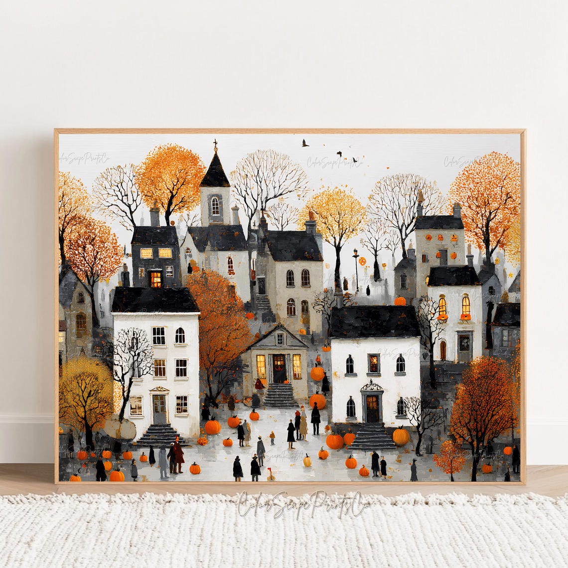 Whimsical Halloween Village Wall Art Scary Pumpkin Print Warm Tone Fall Landscape Autumn Folk Spooky Home Decor