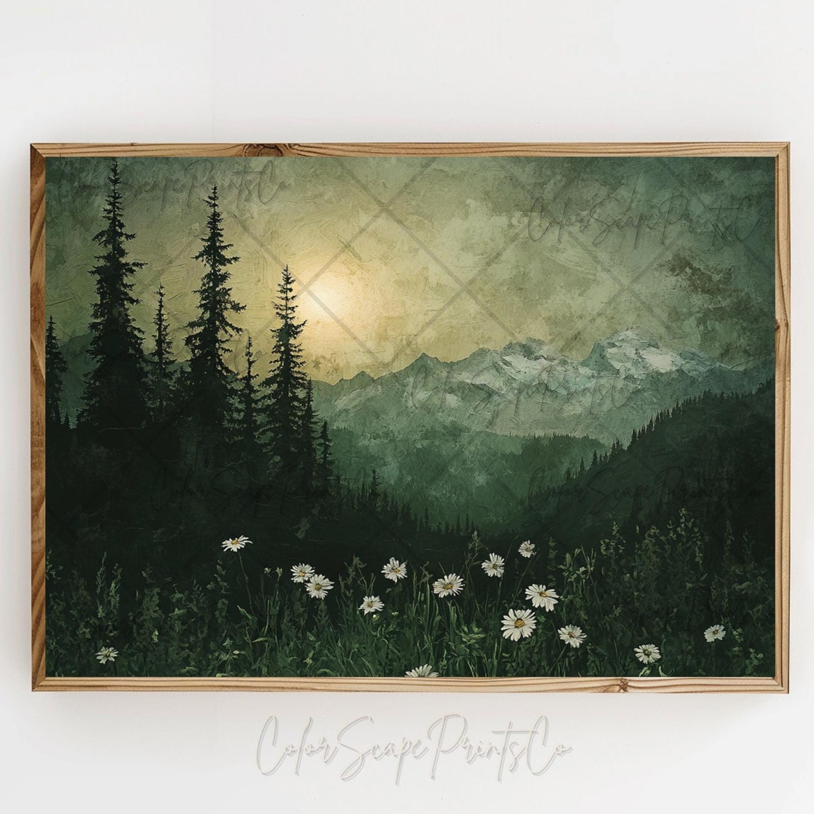 Moonlit Pine Forest Night Daisies Moody Green Landscape Poster