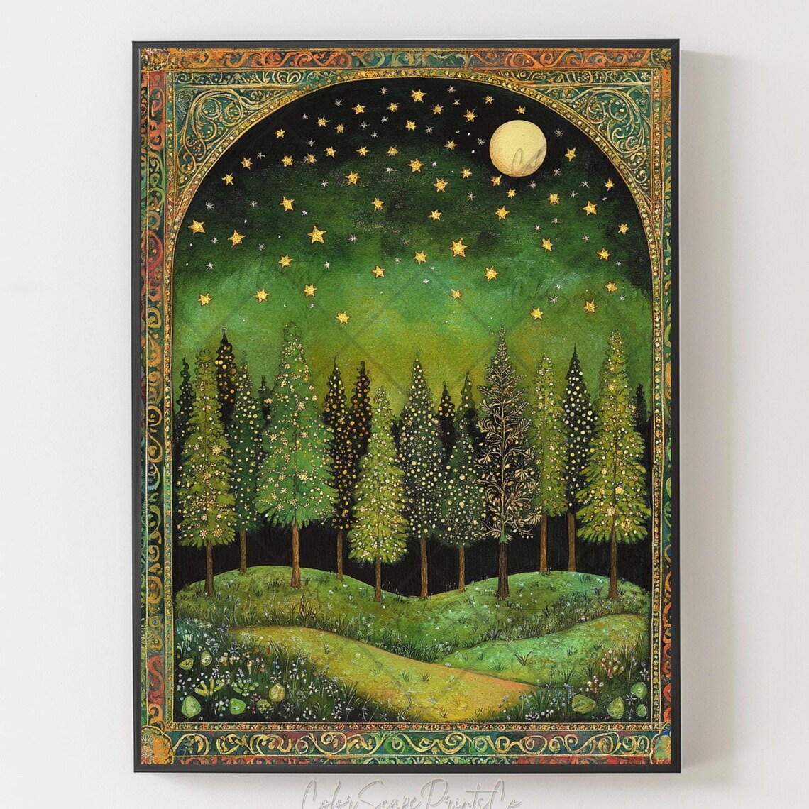 Enchanted Forest Full Moon Gold Stars Ornate Border Art Poster