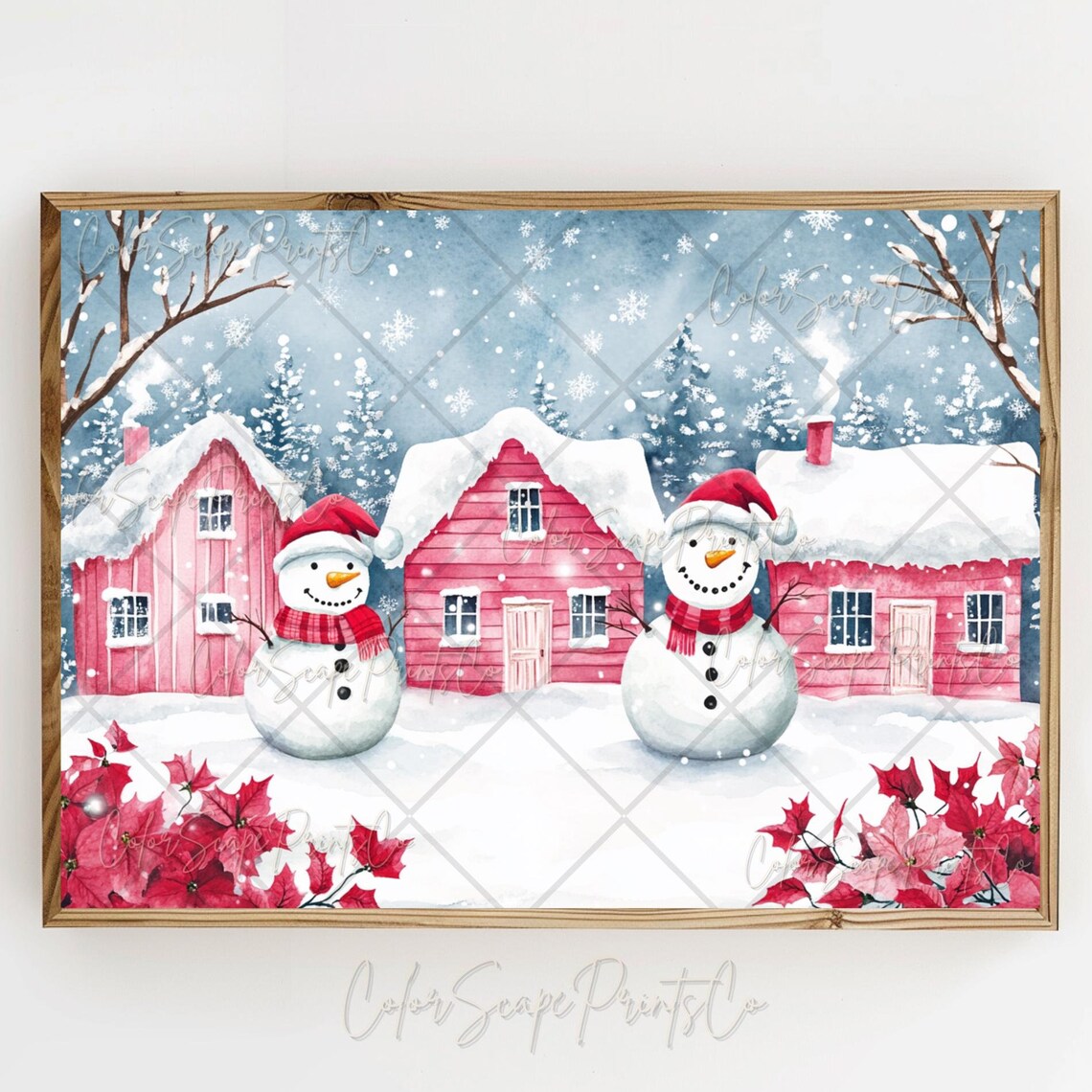 Pink Christmas Village Painting, Festive House Art Print