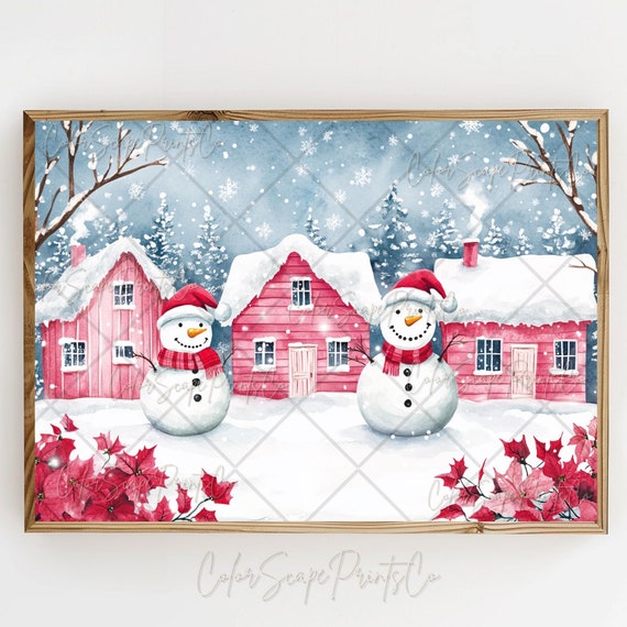 Pink Christmas Village Painting, Festive House Art Print