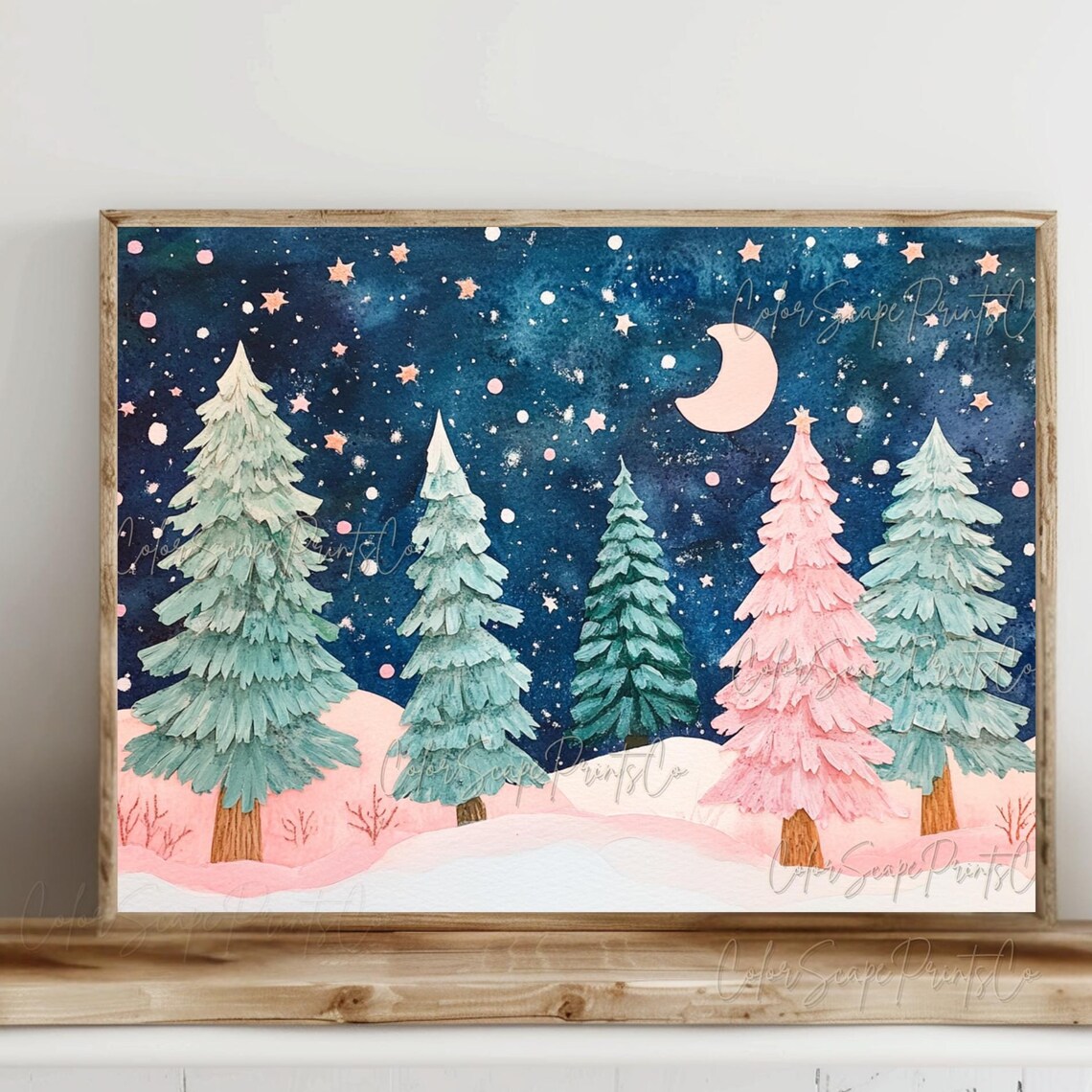 Pink Christmas Tree Winter Landscape Art Print