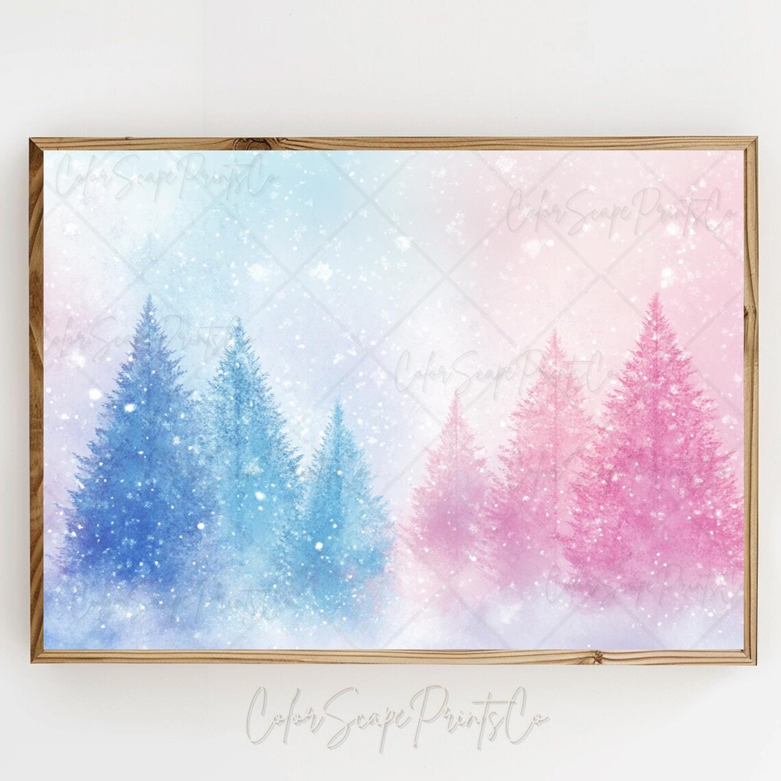 Pastel Ombre Blue Pink Pine Trees Snowy Forest Watercolor Poster