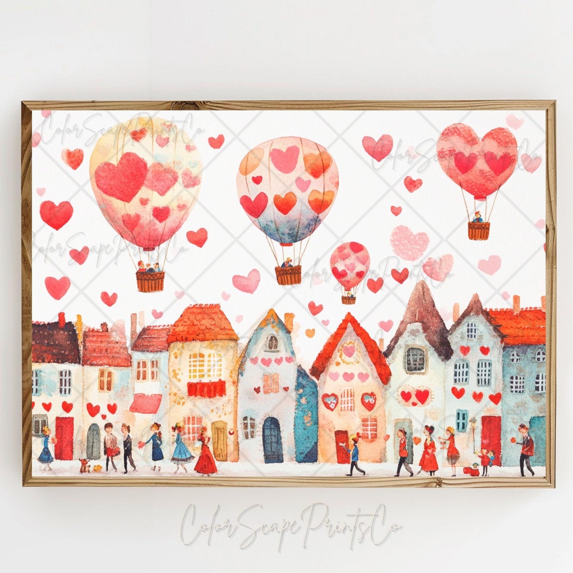 Valentines Day Art Valentines Village Print Hot Air Balloon Ride Festive Village Romantic Painting Colorful Houses Print Dreamy Landscape