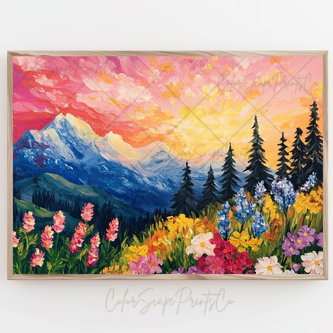 Daisy Mountain Sunset Colorful Wildflower Meadow Landscape Poster