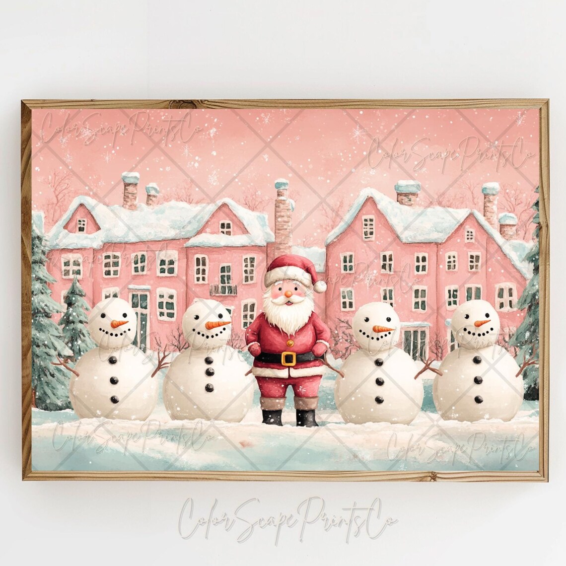 Santa Claus and Four Snowmen Pink Christmas Village Sunset Poster