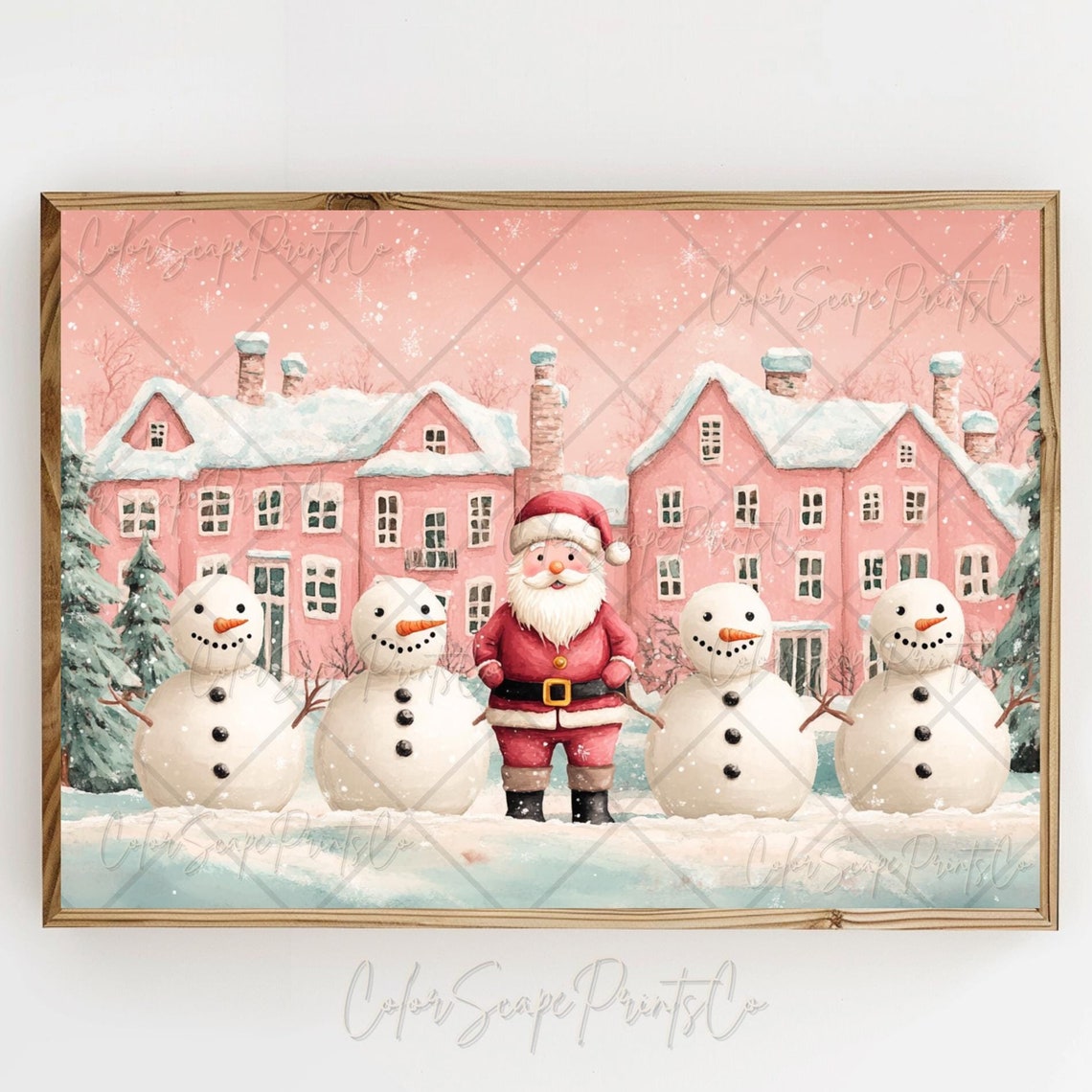 Santa Claus In Christmas Village Painting Pink Santa Claus Painting Cottage Holiday Decor Pink Winter Village Print Snowy Landscape Print