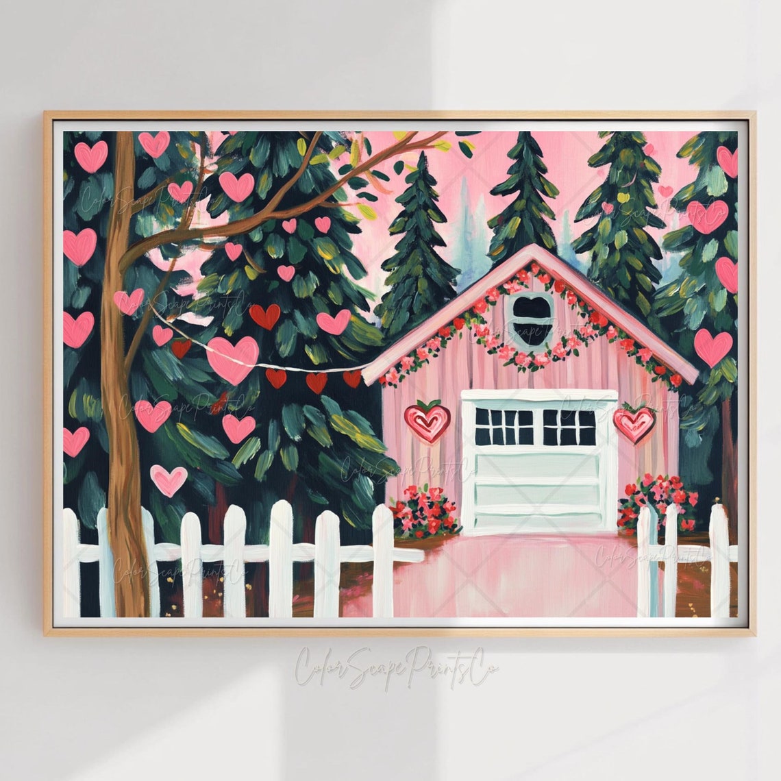 Valentines Pink Cabin with Hearts and White Picket Fence Poster