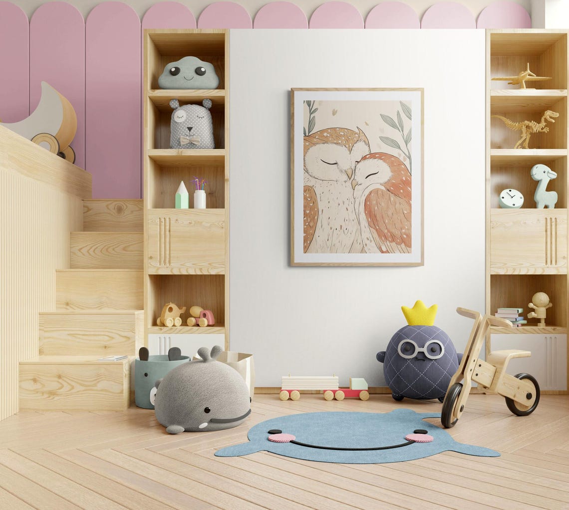 Cuddling Owls Sleeping Pair Warm Brown Cozy Nursery Wall Art Poster - Image 3