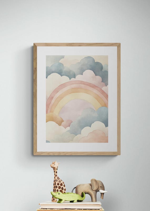 Rainbow Dreams Art Print Pastel Nursery Decor Hand Drawn Illustration Kids Room Wall Art