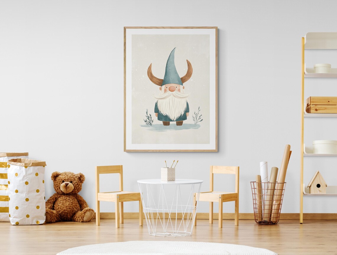 Cute Viking Gnome With Horned Hat Long Beard Nordic Kids Wall Art - Image 3